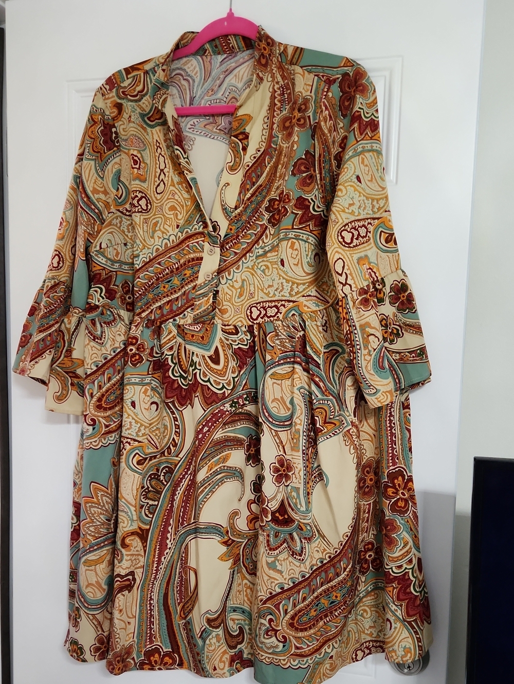Emery Rose Paisley Button Front Midi Dress Cream & Blue XL Like New